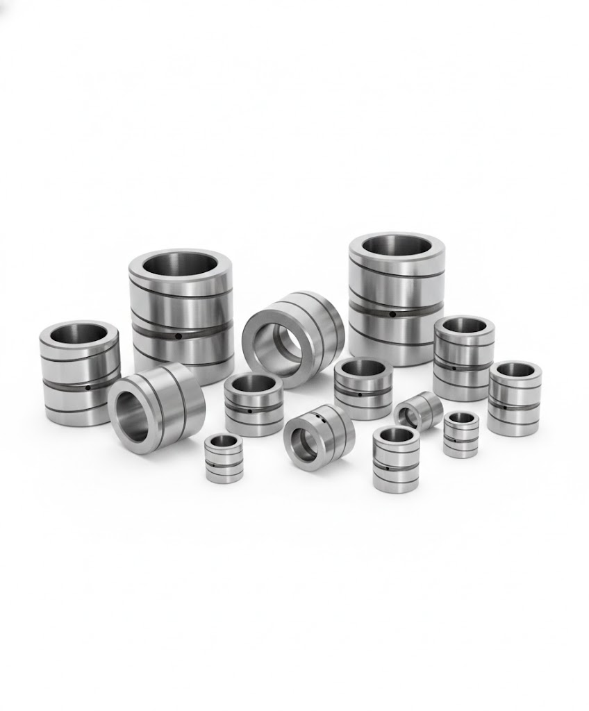 Case Hardened Steel Bearings in various sizes with precision-ground surfaces and internal oil grooves on a pure white background.