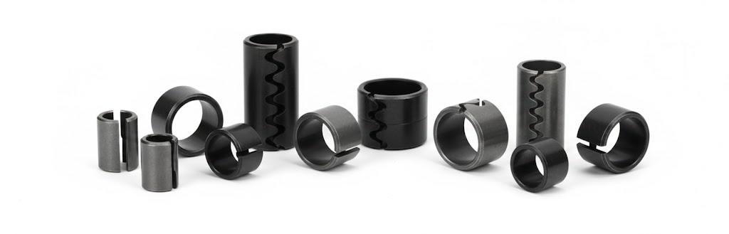 Hardened Spring Steel Tension Bushings with split and wavy joint designs in various sizes on a pure white background.