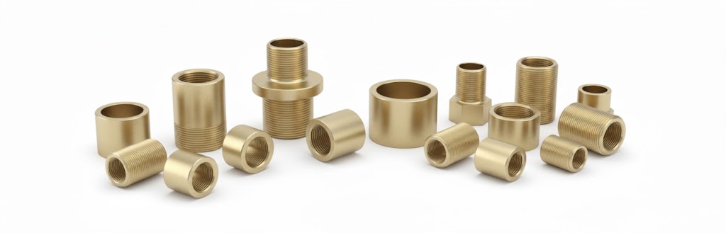 Precision External Threaded Bronze Bushings with bright machined finish on a pure white background.