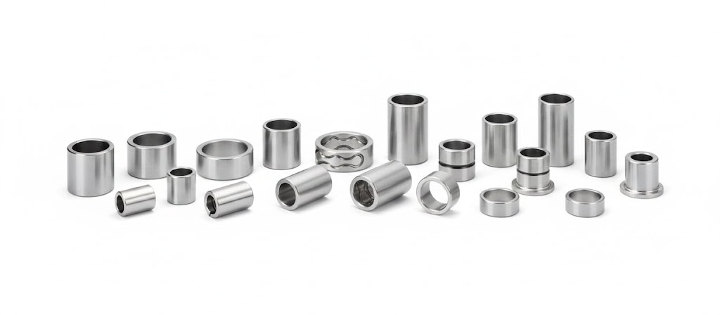 Precision-machined Steel Sleeve Bushings and hardened industrial spacers with bright silver finish on a pure white background.