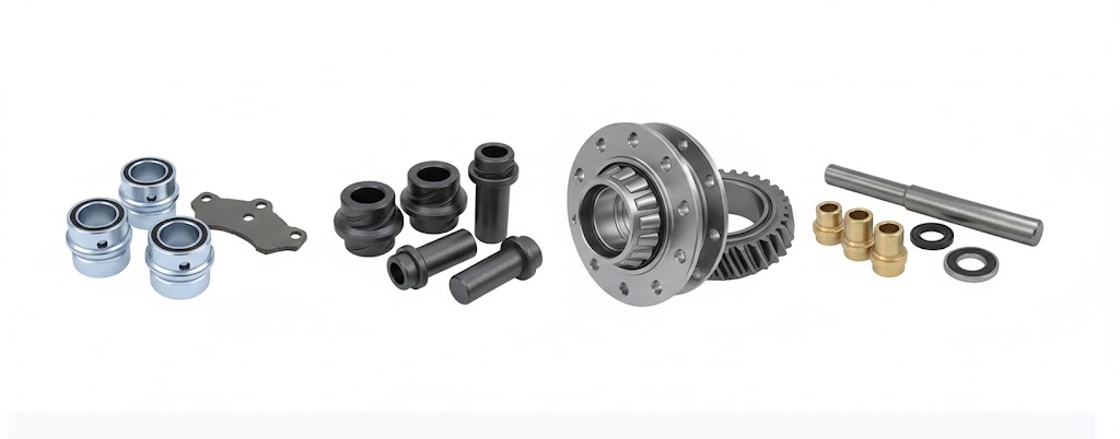 Channov Precision heavy-duty truck parts collection: including Caliper Pin Bushes for KNORR, Leaf Spring bushings, Wheel Hub bearings for BPW axles, and Steering King Pin kits, shown on a pure white background.